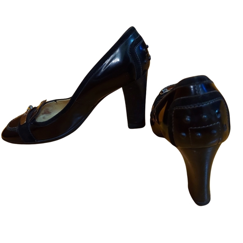 Tod's Crystal Embellished Patent Leather/Suede Block Heel Penny Loafer Pumps - Picture 9 of 16